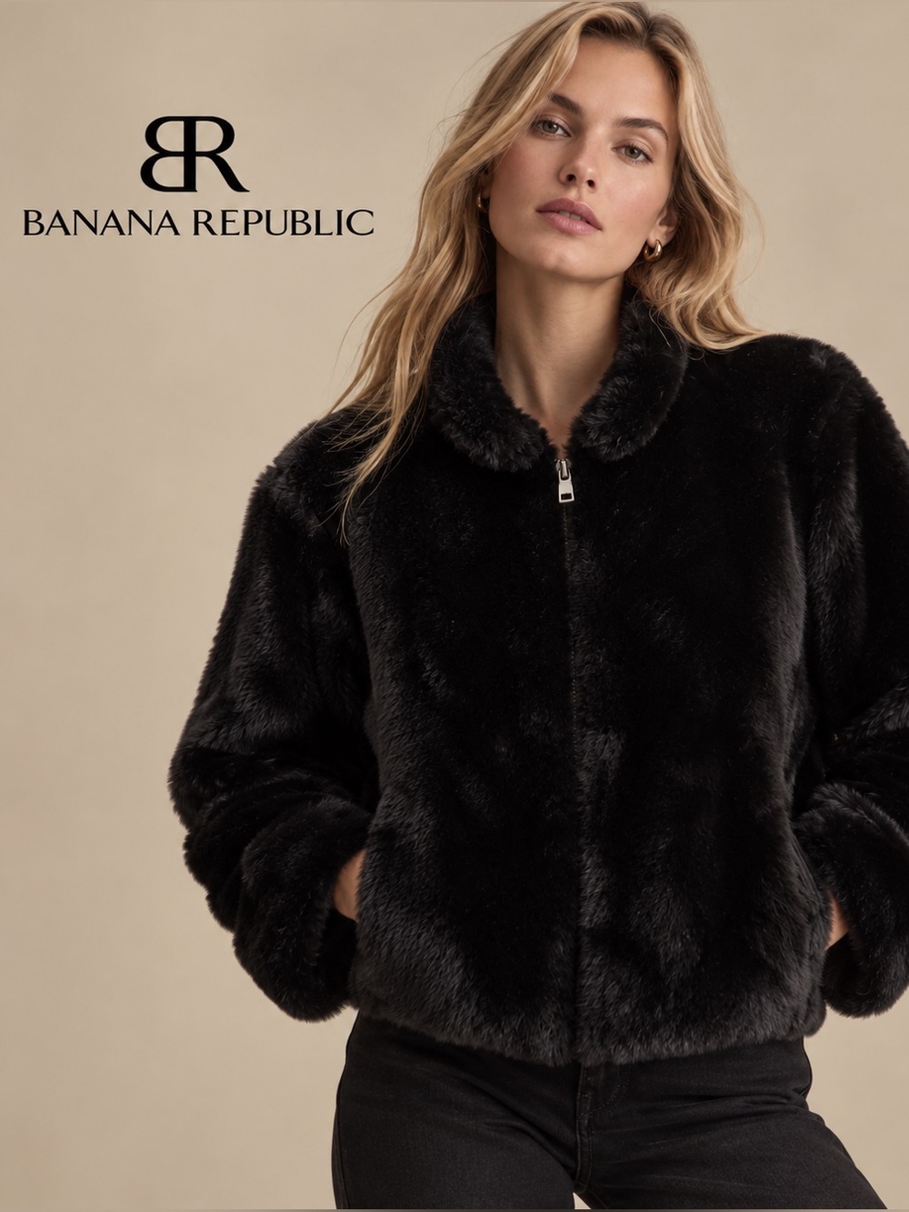 Banana Republic Black Plush Faux-Fur Zip-Front Teddy Jacket